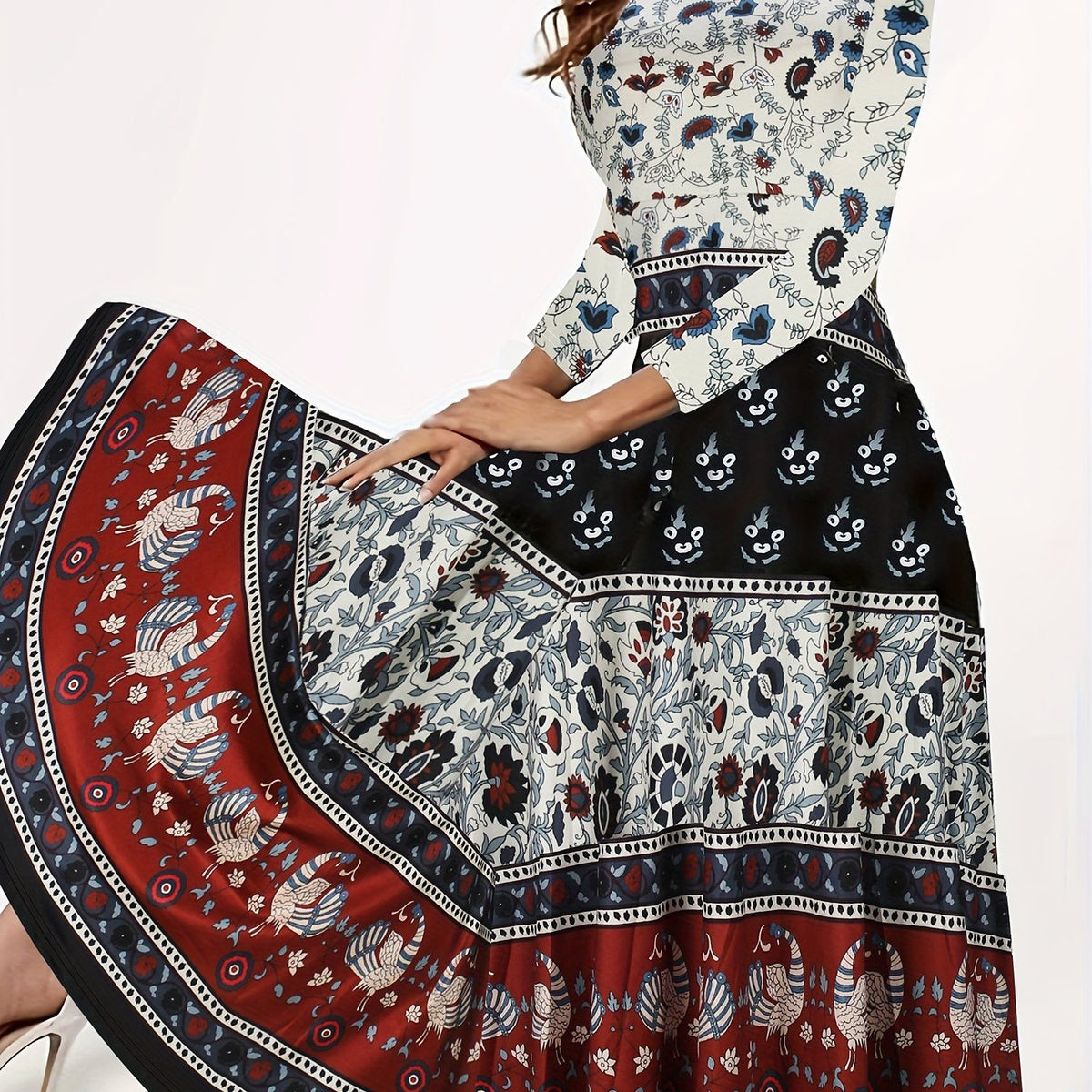 Women's Plus Tribal & Floral Print Three Quarter Sleeve Round Neck Maxi Dress