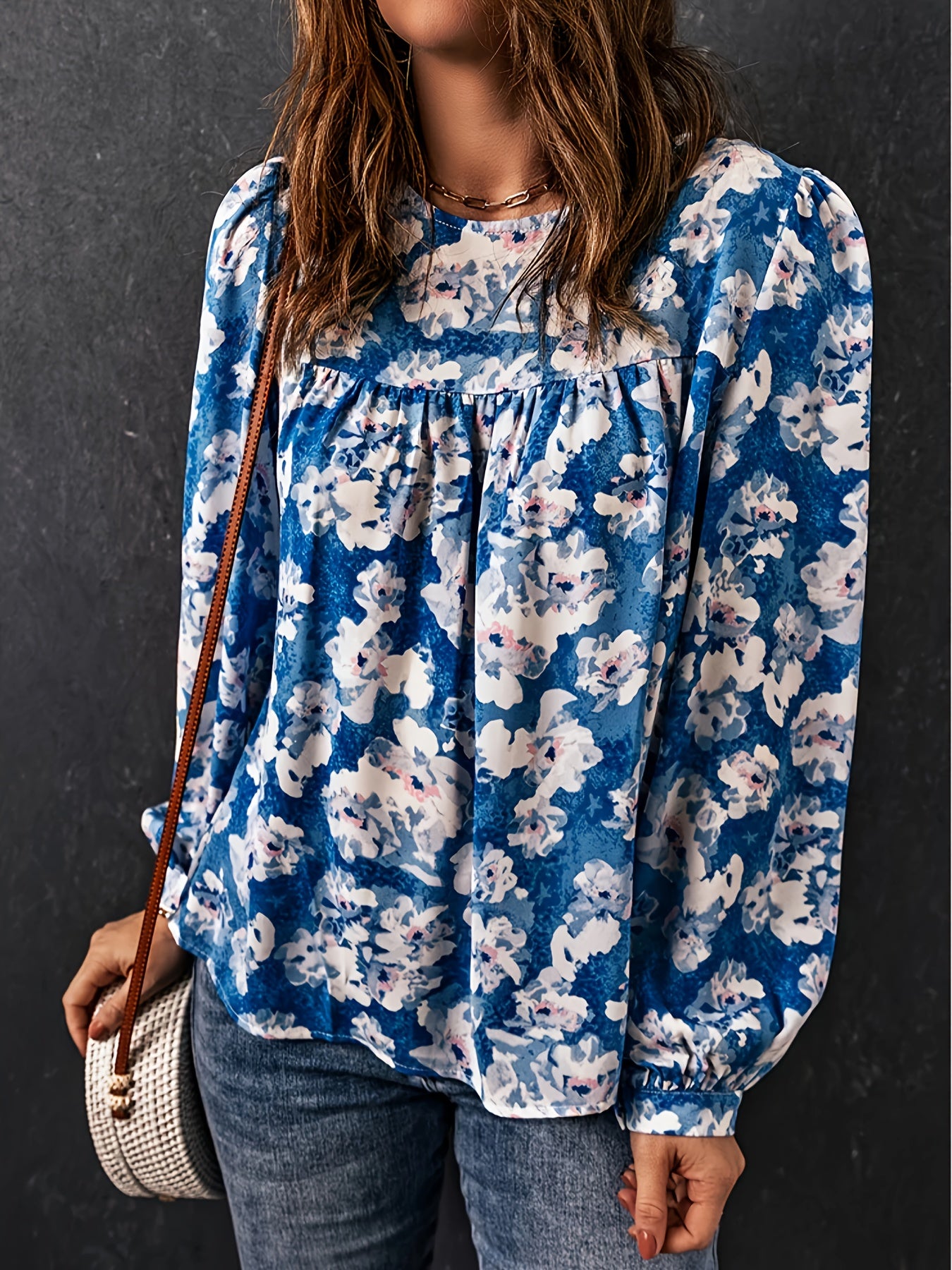  Floral Print Lantern Sleeve Top