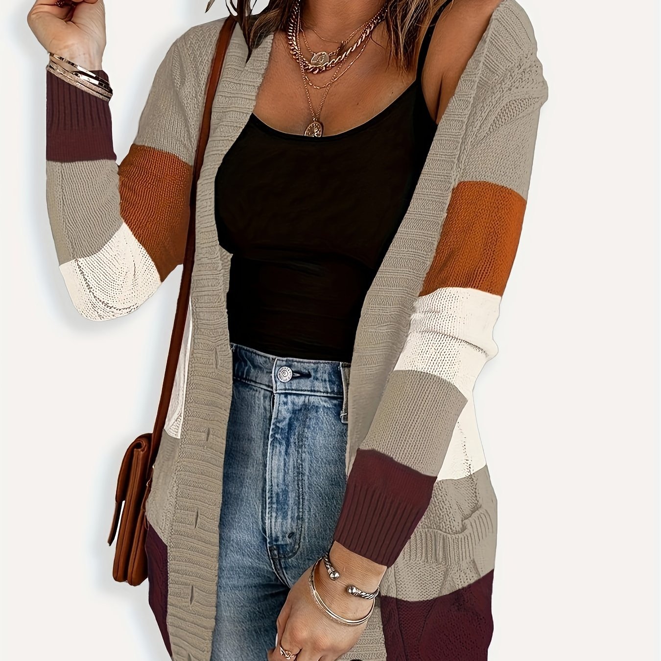  Colorblock Long Sleeve Button Up Sweater Cardigan With Pockets