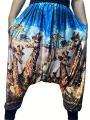  Giraffe Print Drop Crotch Pants