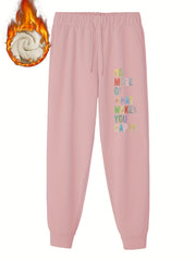  Slogan Print Fleece Liner Drawstring Joggers