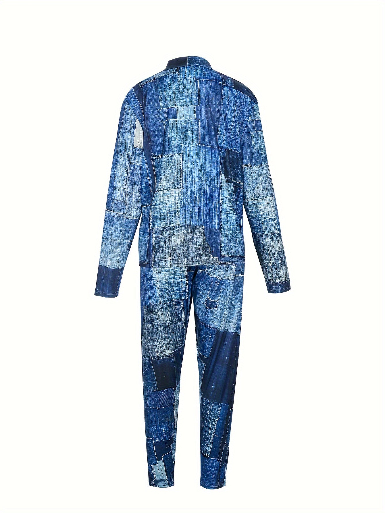  Denim Patchwork Print Jacket & Pants Outfit Set