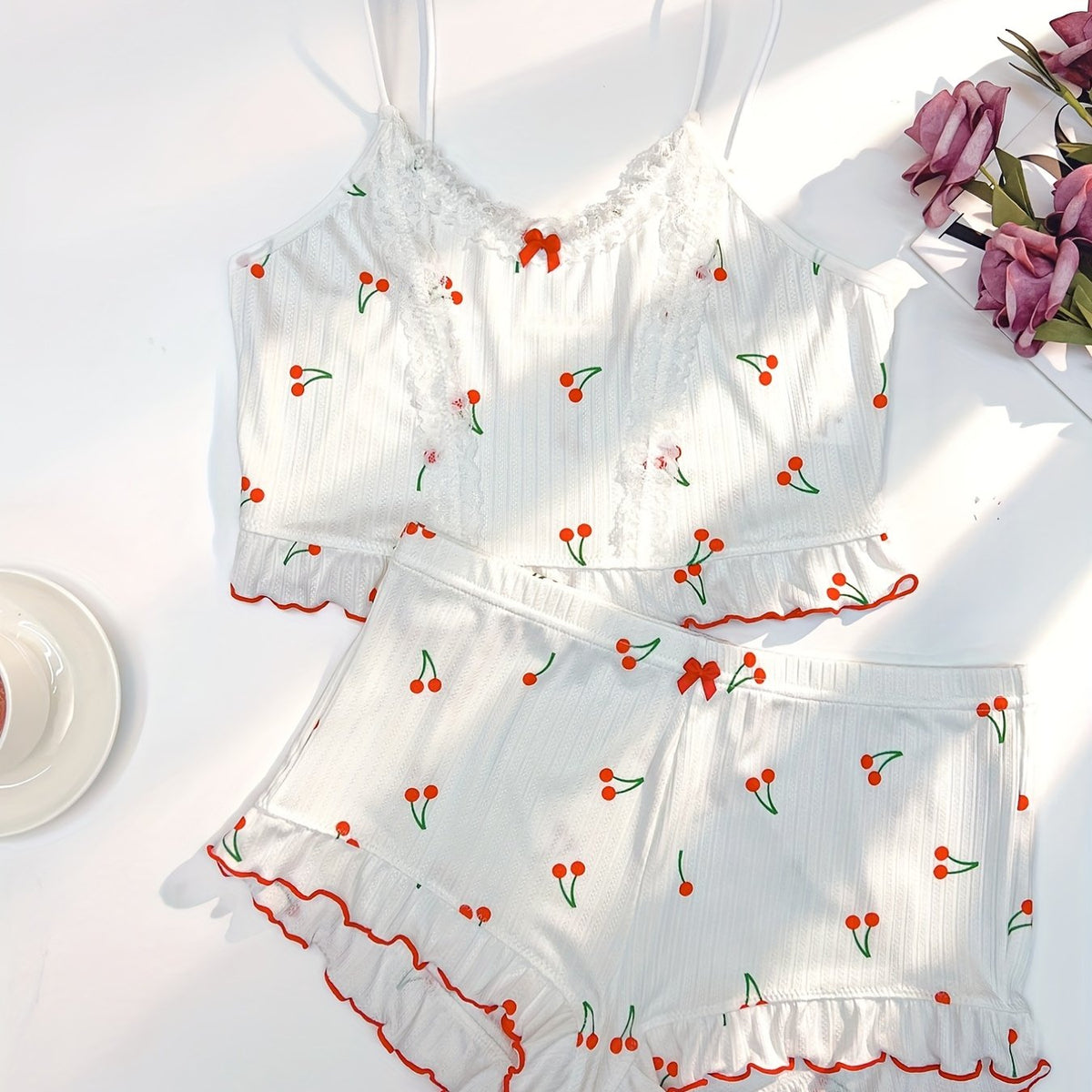 Cherry Print Pajama Set Lace Trim Cami Top & Ruffle Shorts