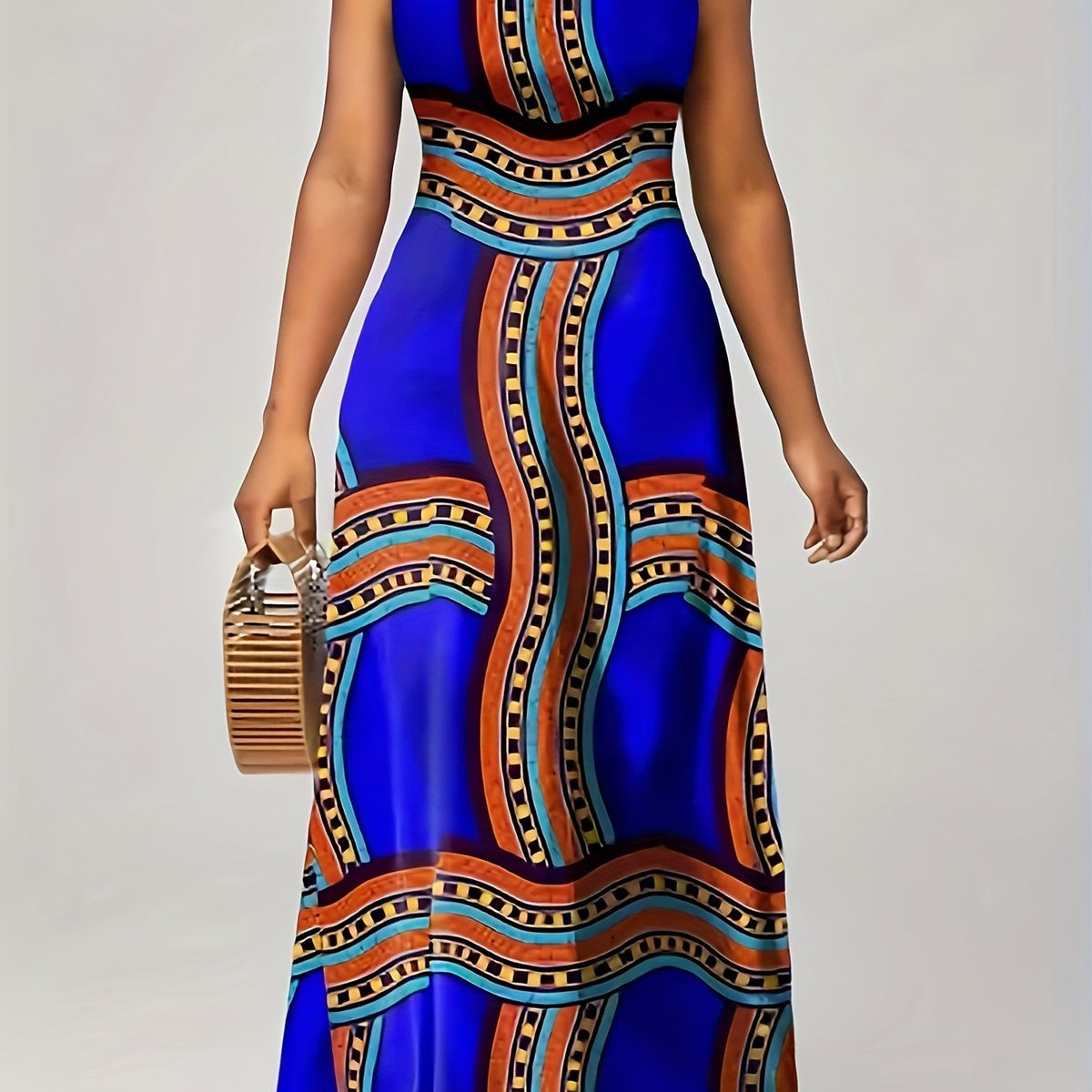  Geometric Print Off Shoulder Nipped Waist Dress