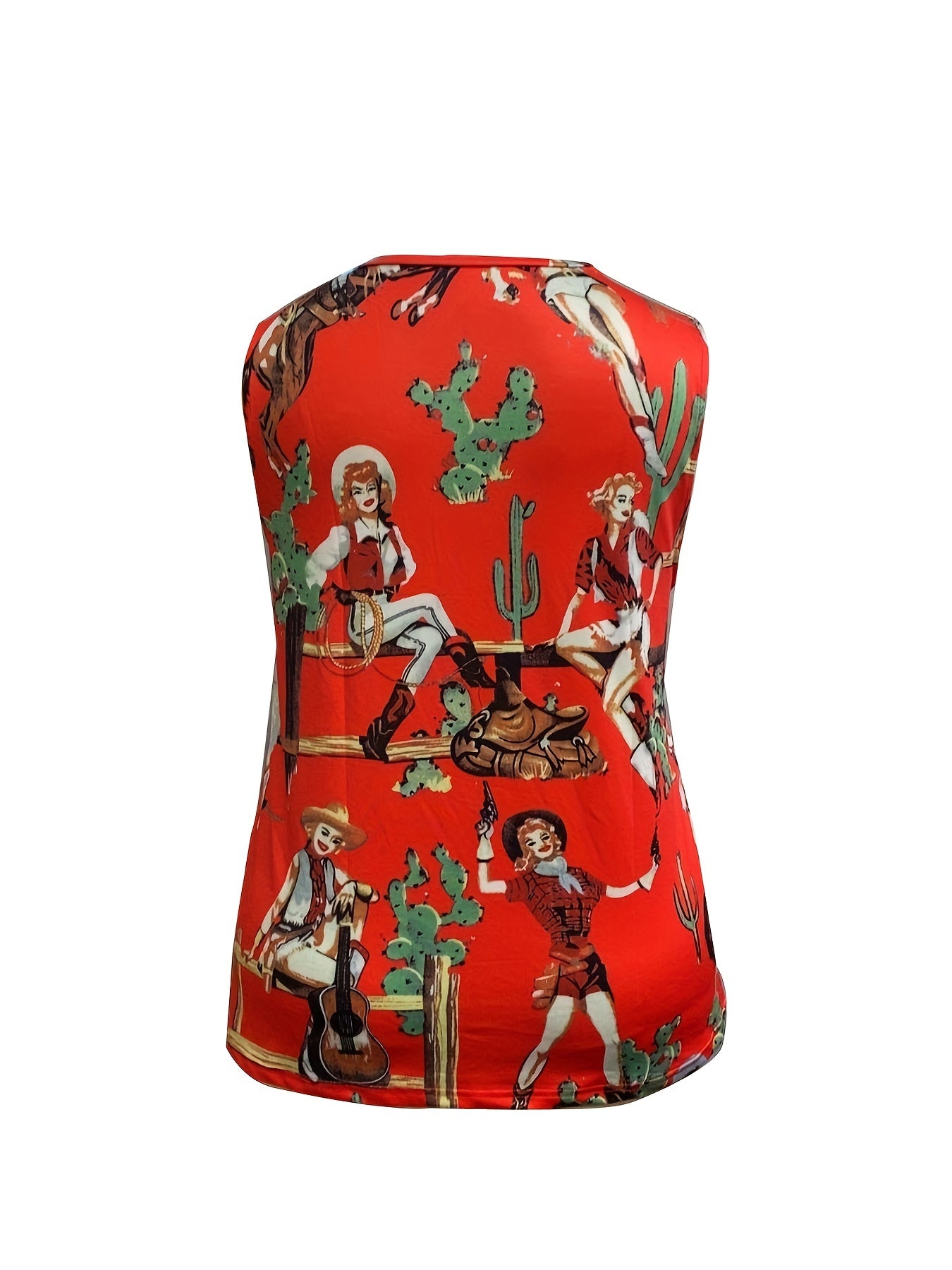  Cowboy Print Tank Top Round Neck Medium Stretch Western Style