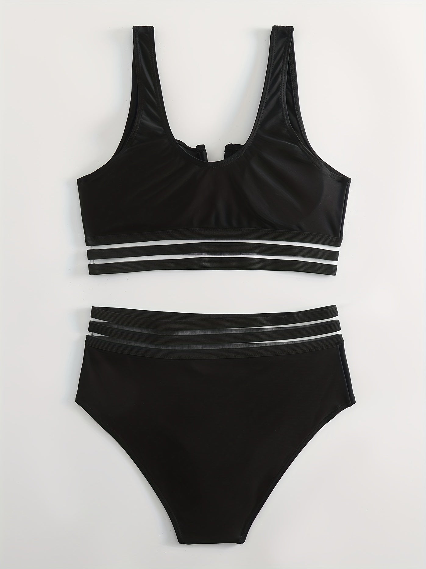 Mesh Trim Bikini Set V Neck High Rise 2 Piece Swimsuit Women's Swimwear