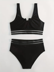 Mesh Trim Bikini Set V Neck High Rise 2 Piece Swimsuit Women's Swimwear