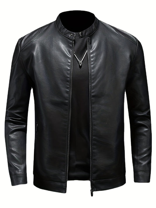 Men's Retro PU Biker Jacket Zip Up Stand Collar