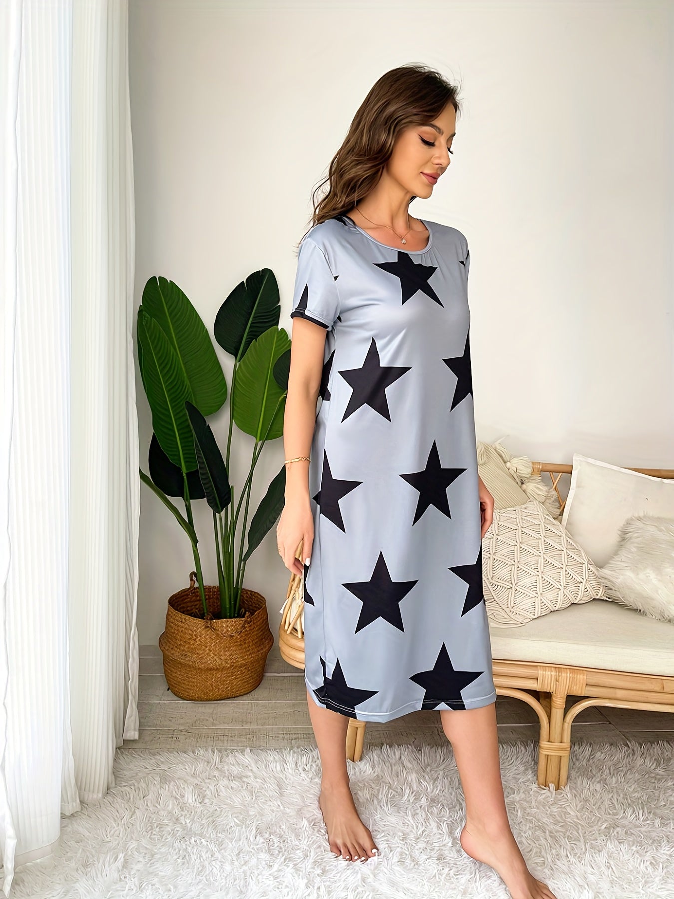 Star Print Nightdress Short Sleeve Sleepwear