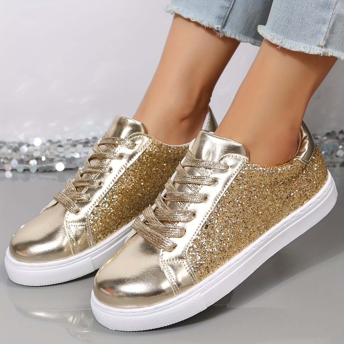 Glitter Reflective Faux Leather Skate Shoes Wear-Resistant Non Slip Sneakers