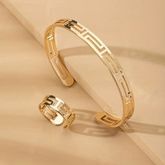 18K Plated Jewelry Set: Cuff Bangle Bracelet & Finger Ring Mother's Gift