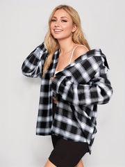  Plaid Print Button Up Long Sleeve Blouse