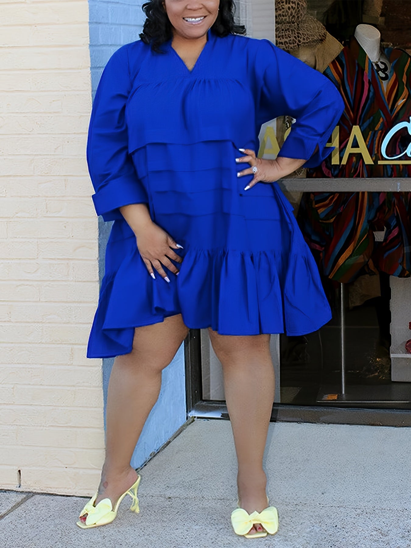 Women's Plus Size V-Neck Long Sleeve Tunic Dress