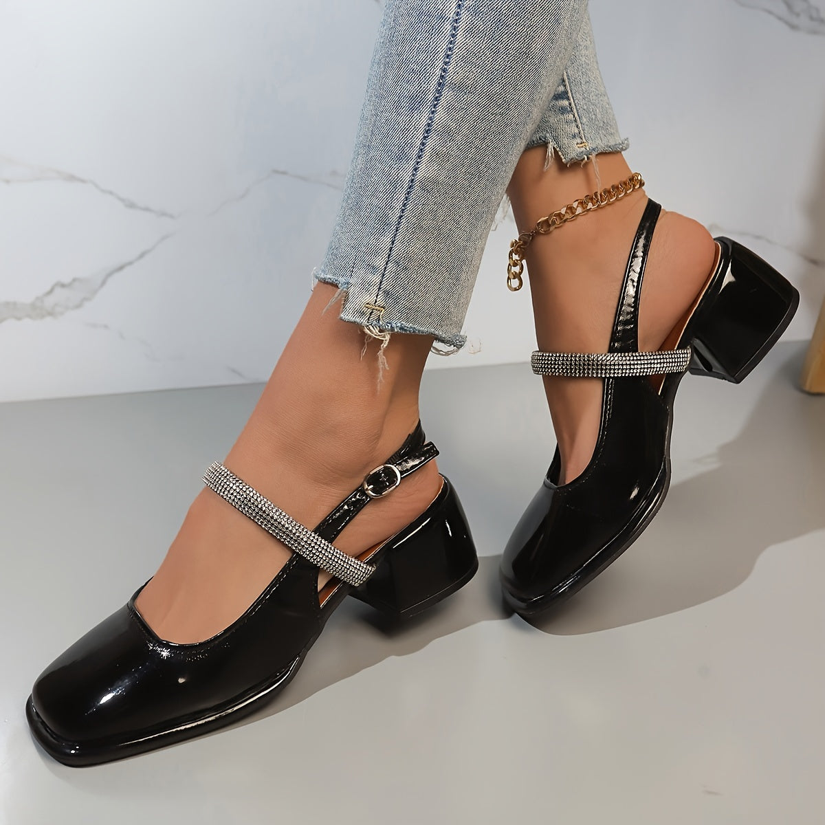 Women's Rhinestone Strap Chunky Heels Faux Leather Slingback Shoes