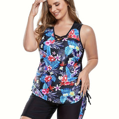  Tropical Print Tankini Set Crisscross Front Tank Top & Shorts