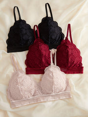 3pcs Lace Bralettes Scallop Trim Bra Women's Lingerie