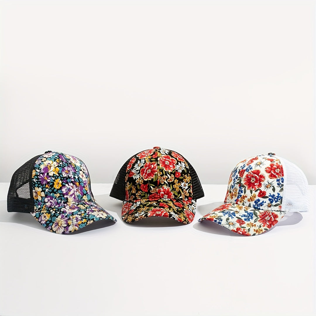Vintage Flower Trucker Hat Mesh Baseball Cap Dad Hats for Women