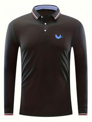 Men's Vintage Bird Print Long Sleeve Polo Shirt Casual Button Up Polo Shirt