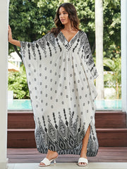  Geometric Print Batwing Sleeve V Neck Cover Up Dress