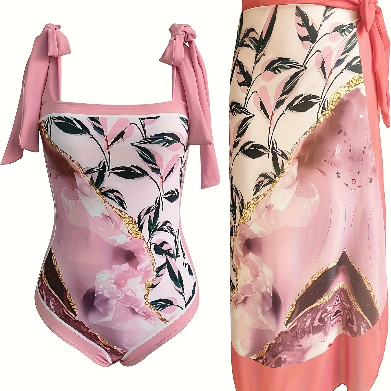  Retro Tankini Set Leaf & Mable Print Tie Shoulder Swimsuit