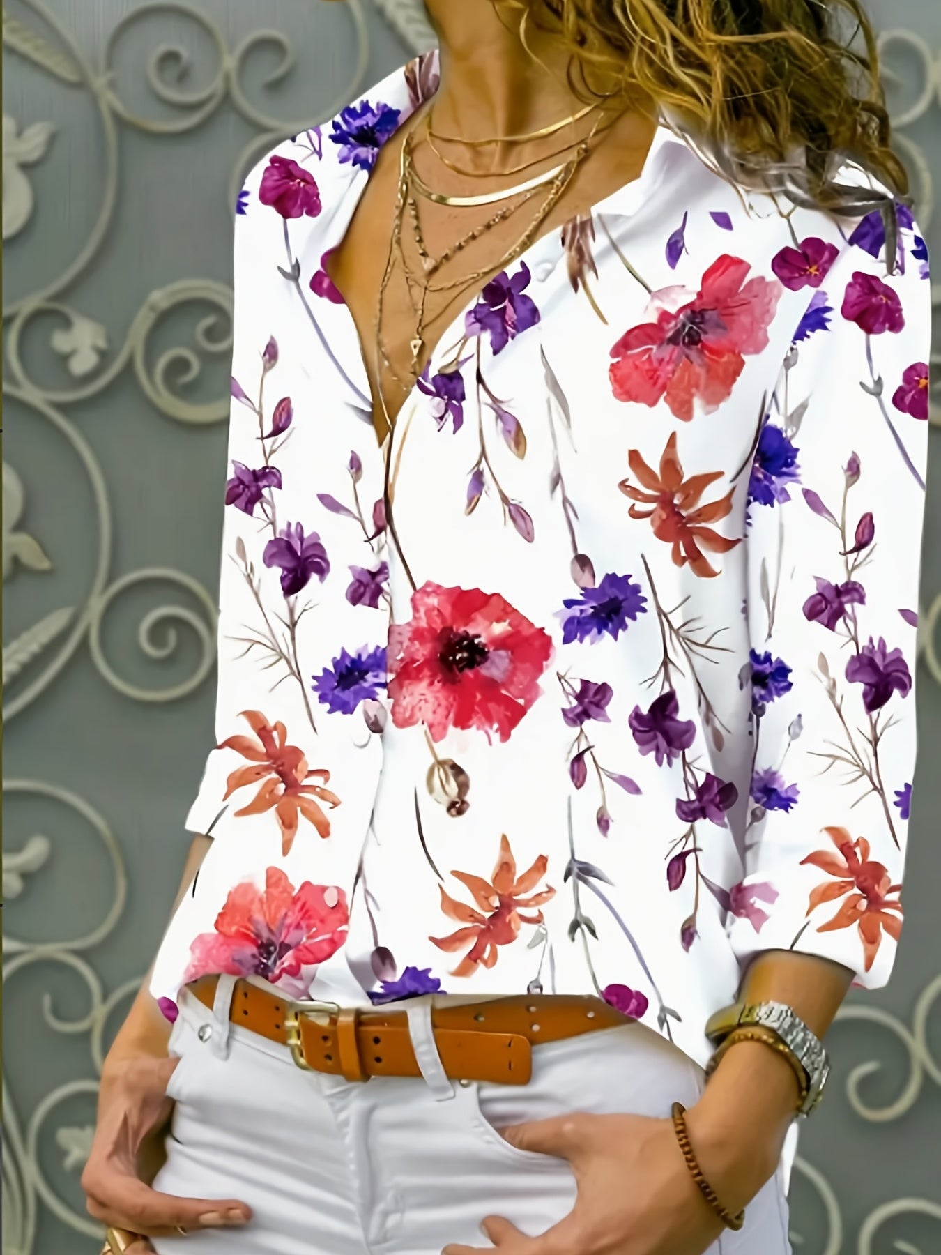  Floral Print Button Up Long Sleeve Blouse