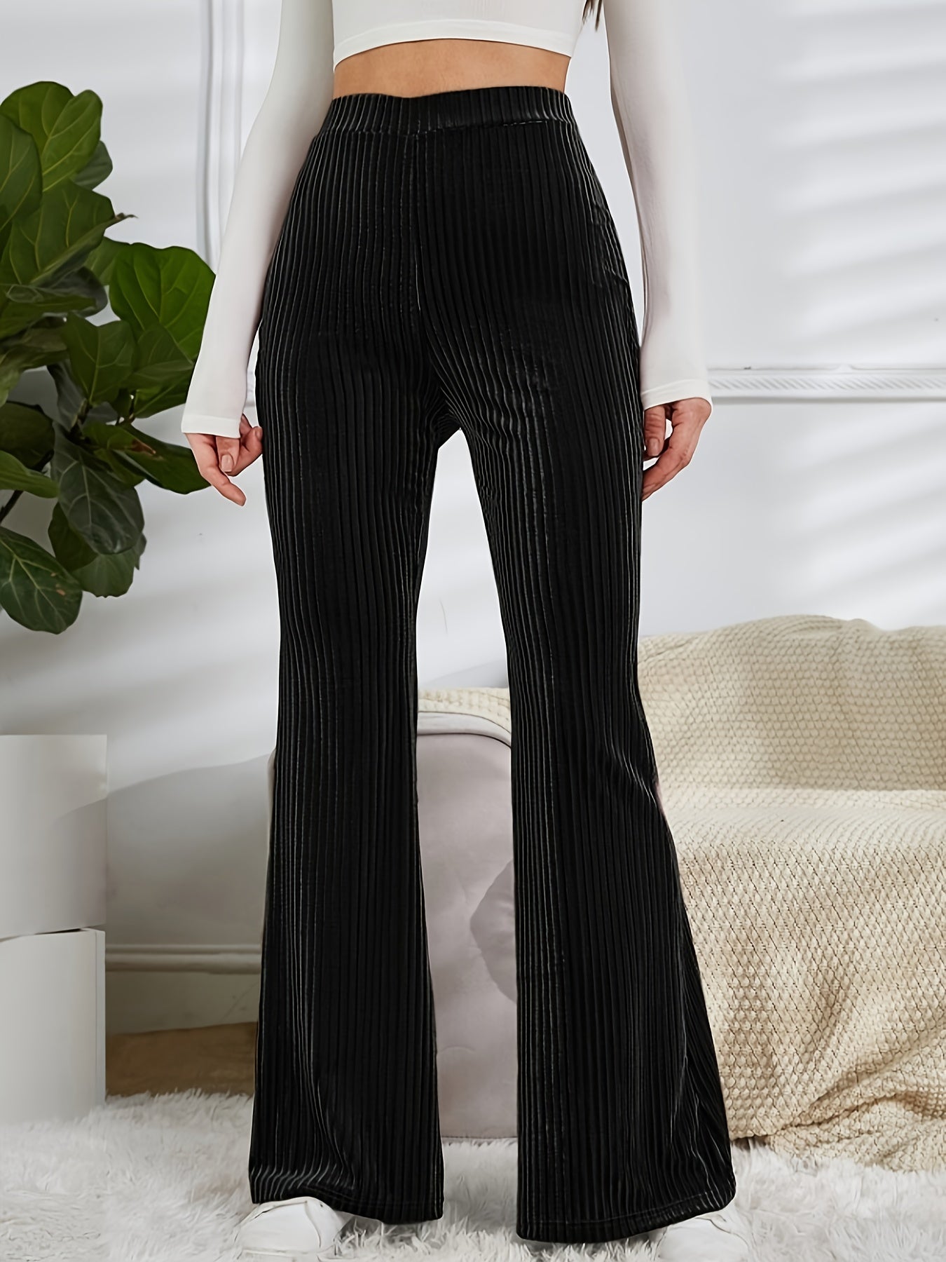  Velvet Ribbed High Rise Flared Leg Trousers