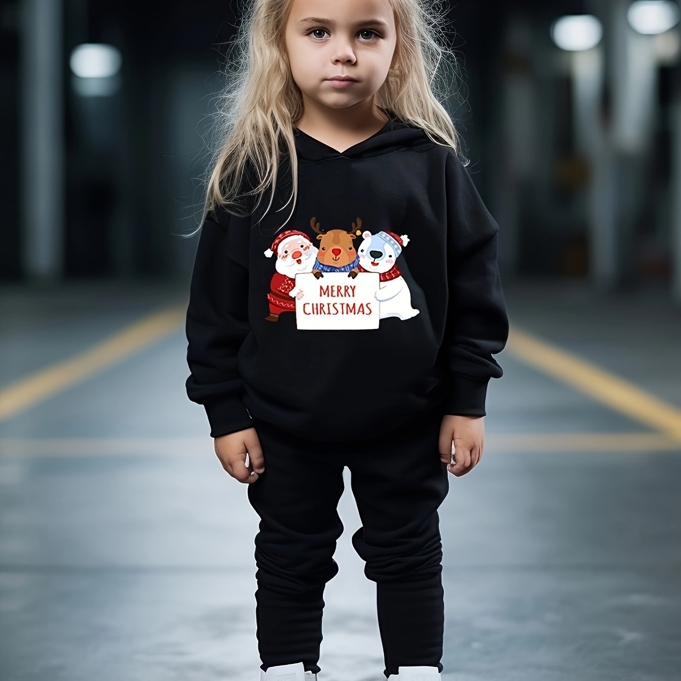 Girls 2pc Santa Bear Deer Hooded Sweatshirt Solid Sweatpants Set