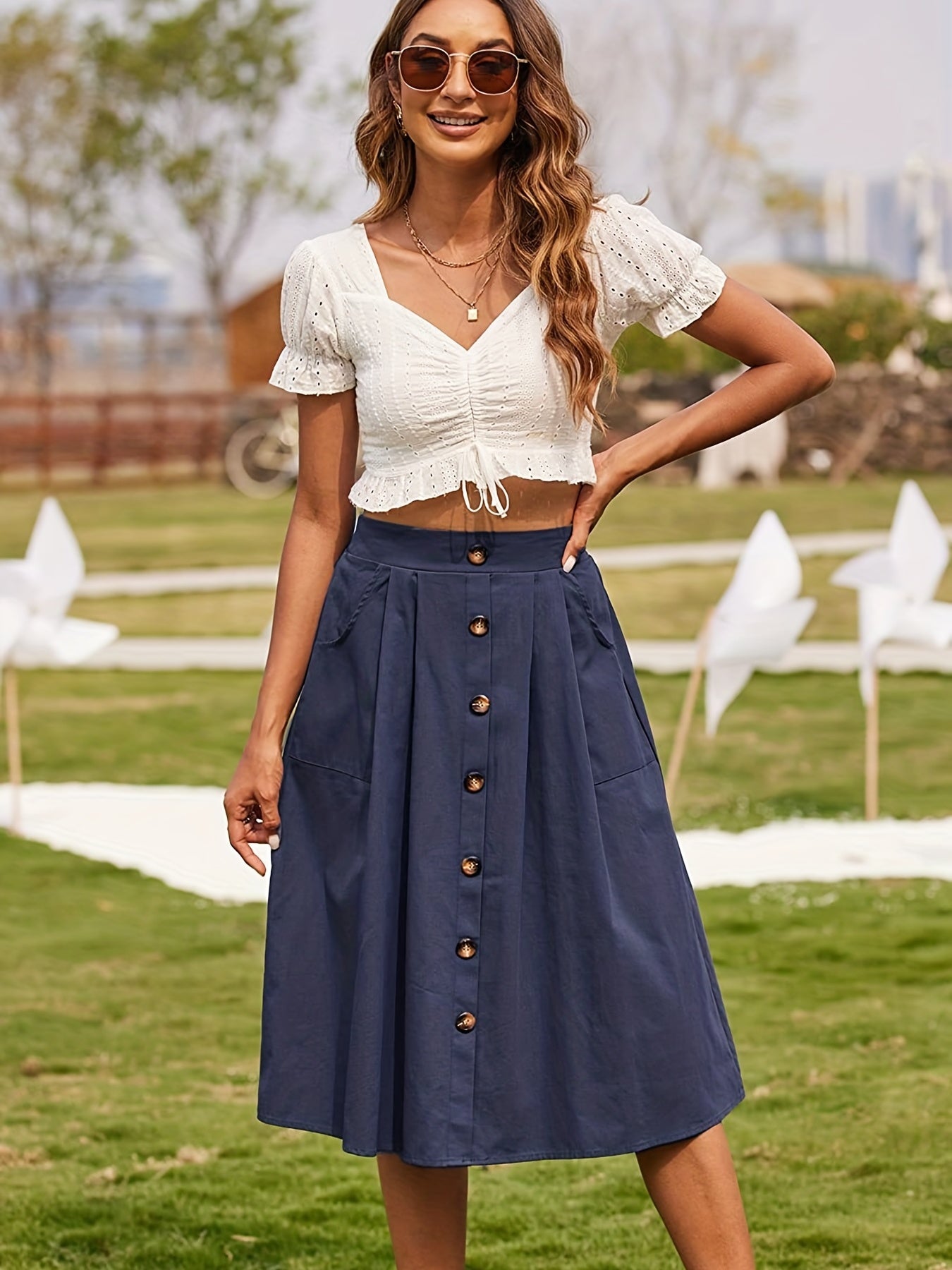  Solid Button Pleated Maxi Skirt With Pockets