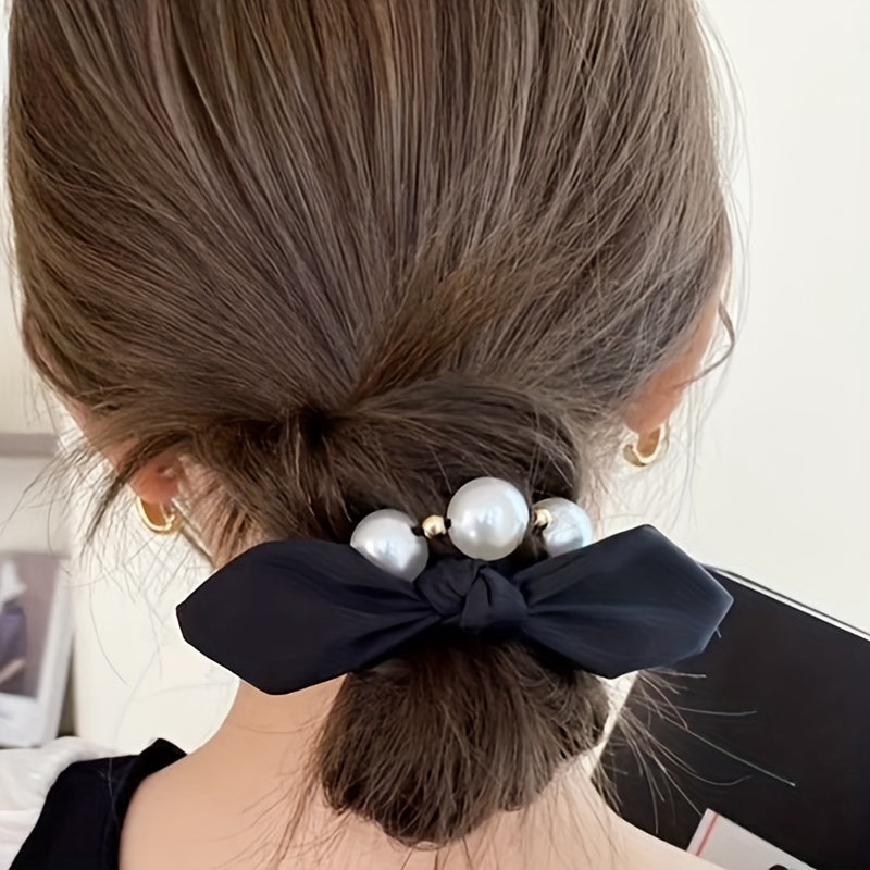 Bow Faux Pearl Hairband Elastic Hair Tie