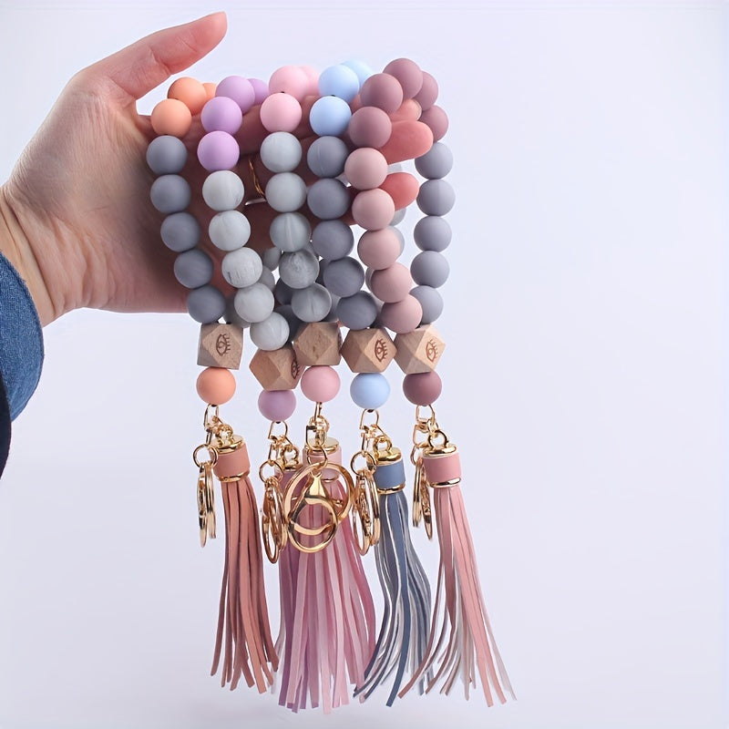 Silicone Beaded Keychain Bracelet for Women Car Keyring Pendant Wristlet Bangle