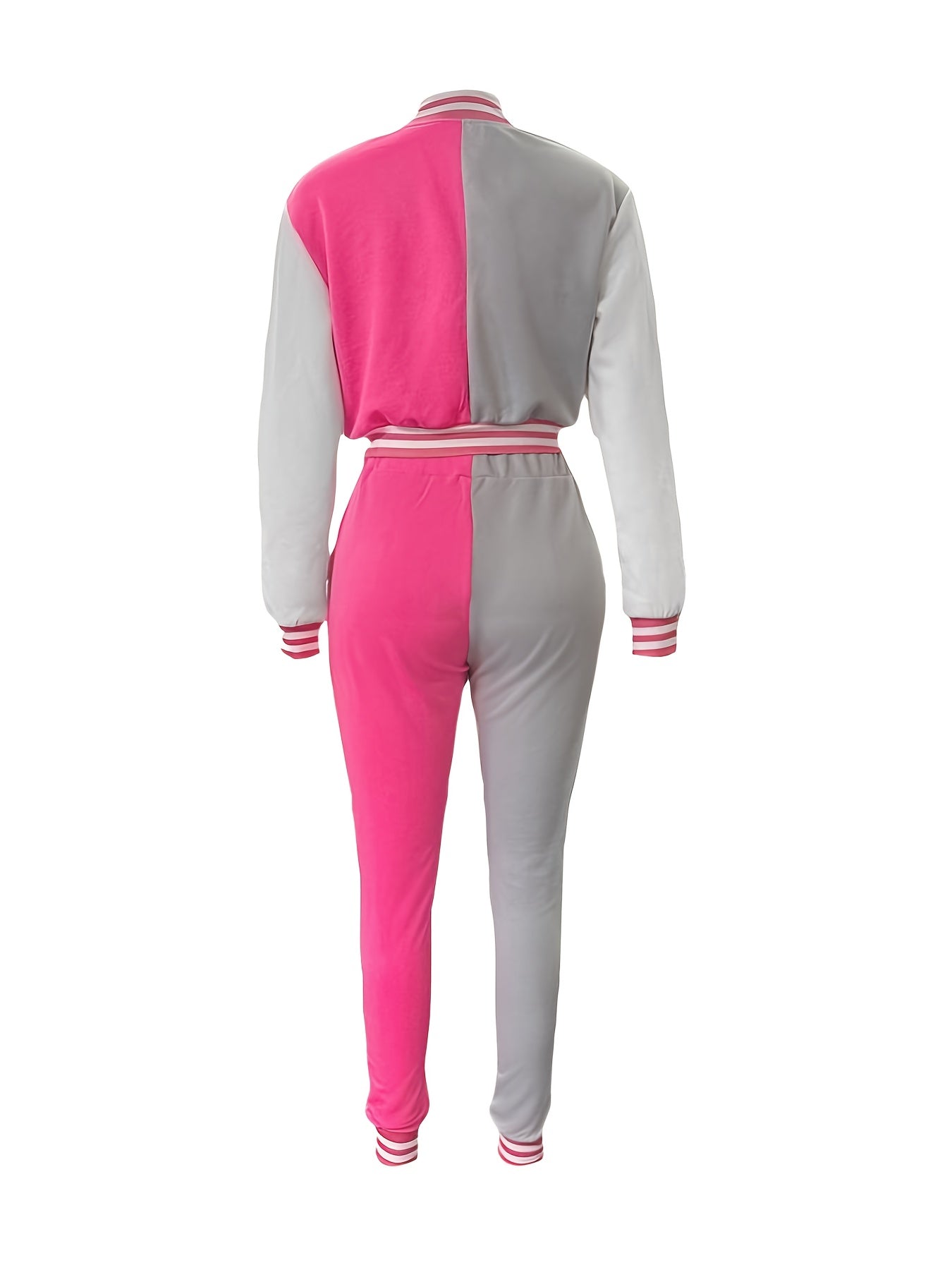  Colorblock Button Up Mock Neck Crop Coat & Jogger Pants Set
