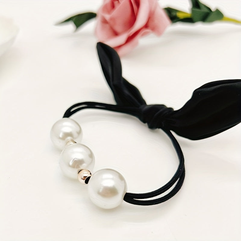 Bow Faux Pearl Hairband Elastic Hair Tie