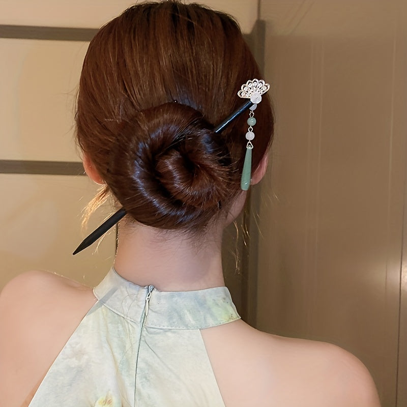 Chinese Style Fan Shape Decor Hairpin Wooden Hair Stick Ponytail Holder