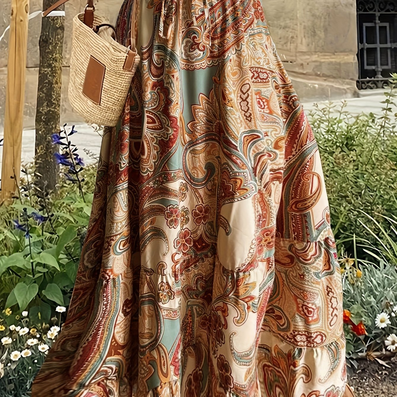  Boho Maxi Skirt Paisley Floral Print Drawstring Elastic High Rise