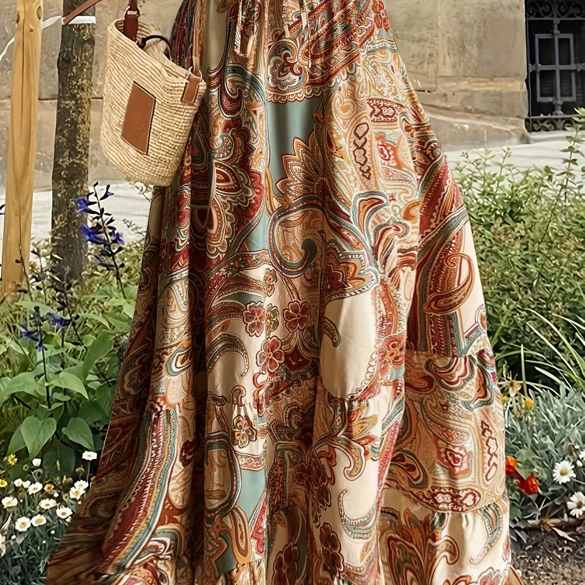  Boho Maxi Skirt Paisley Floral Print Drawstring Elastic High Rise