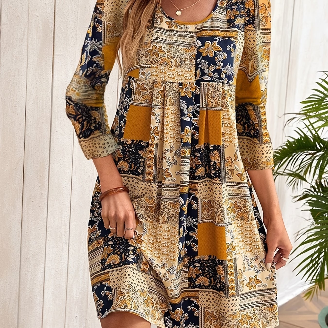  Boho Dress Floral Print Half Sleeve Round Neck Pleated Dress