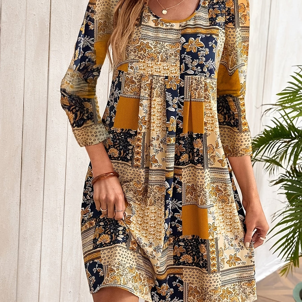  Boho Dress Floral Print Half Sleeve Round Neck Pleated Dress