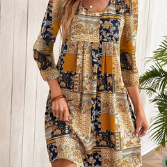  Boho Dress Floral Print Half Sleeve Round Neck Pleated Dress