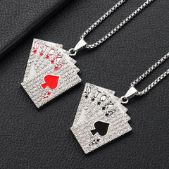 Hip Hop Poker Card Tag Necklace Zircon Inlaid Jewelry