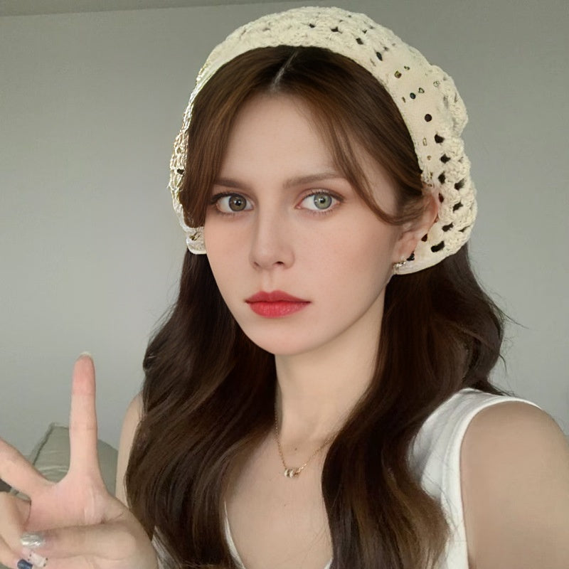 Hollow Knitted Bandana Triangle Scarf Solid Lace Up Turban Head Wrap