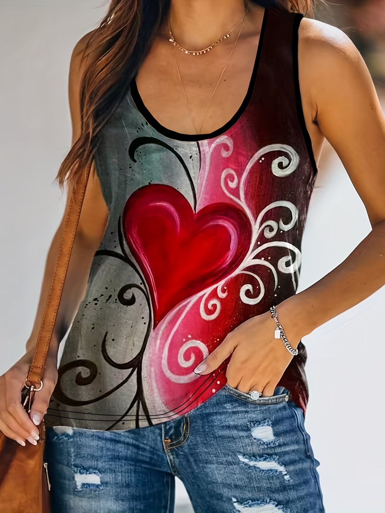  Heart Print Tank Top Women's Round Neck Stretch Casual Top