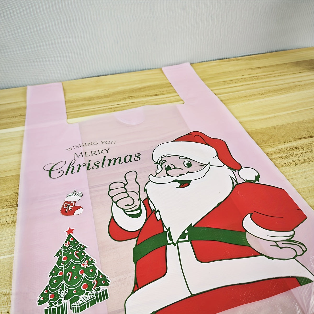 50pcs Pink Christmas Bags Santa Claus Printed Plastic Bags