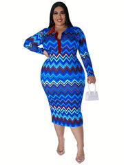 Geometric Print Turn Down Collar Bodycon Dress Plus Size