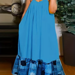 Plus Size Colorblock Denim Print Maxi Cami Dress
