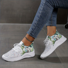 Women's Lace Up Rhinestone Sneakers Lightweight Casual Soft Sock Shoes