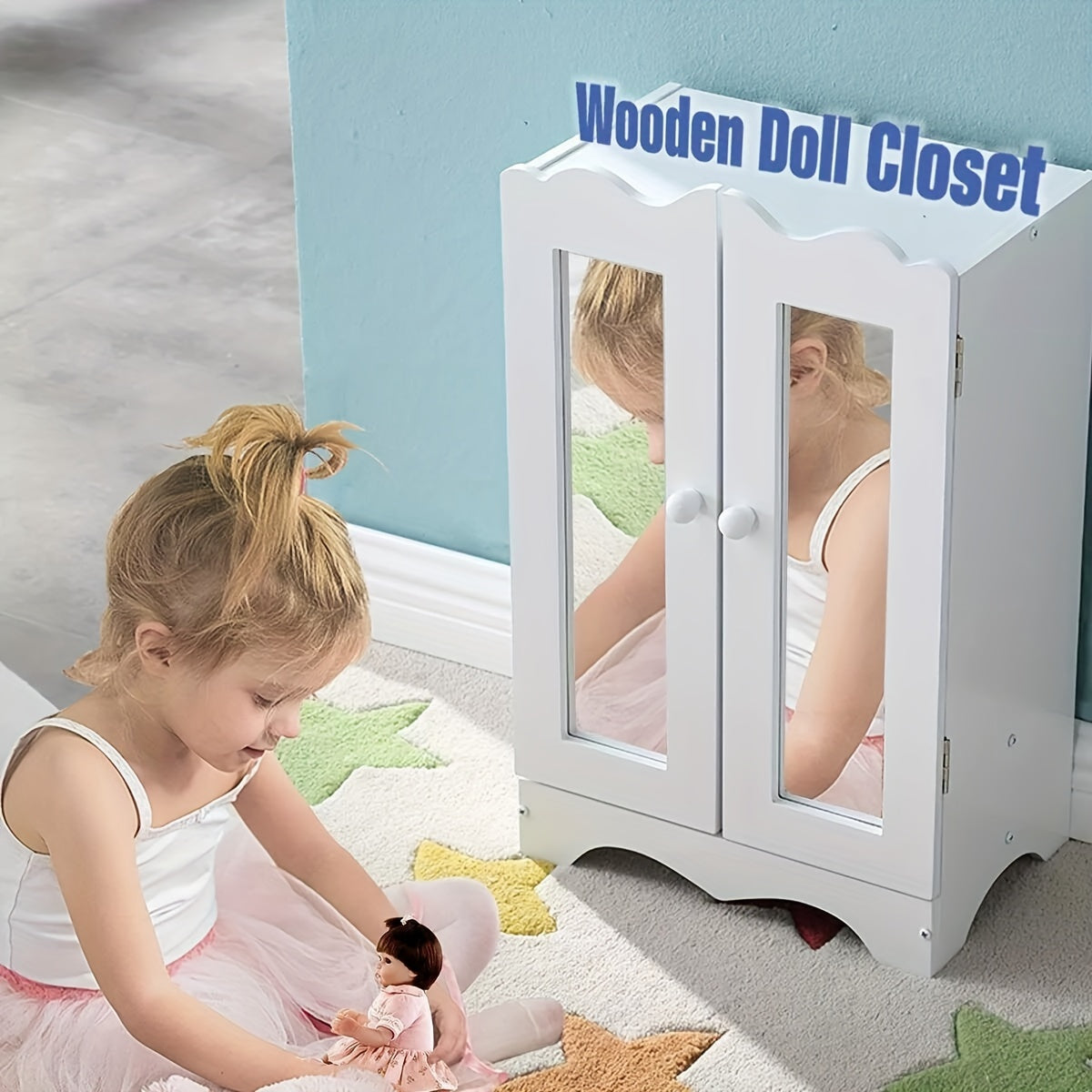 Wooden Dolls Wardrobe with 6 Hangers & Mirror