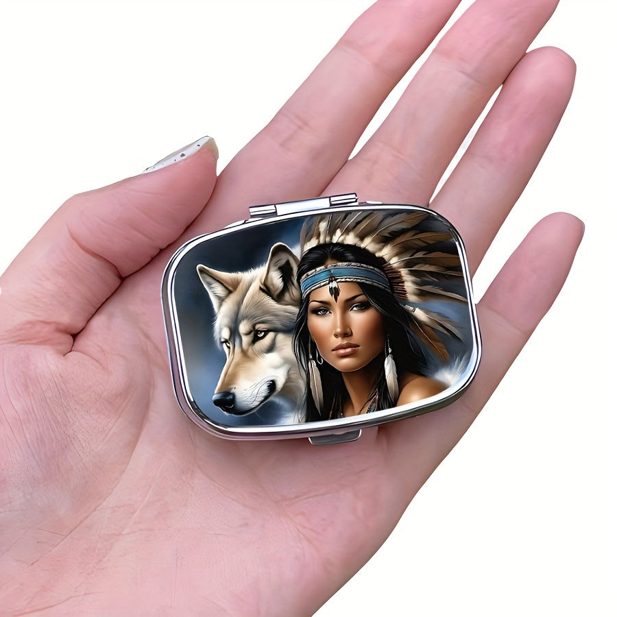 Medicine Organizer Wolf Girl 2 Compartments Metal Storage Box