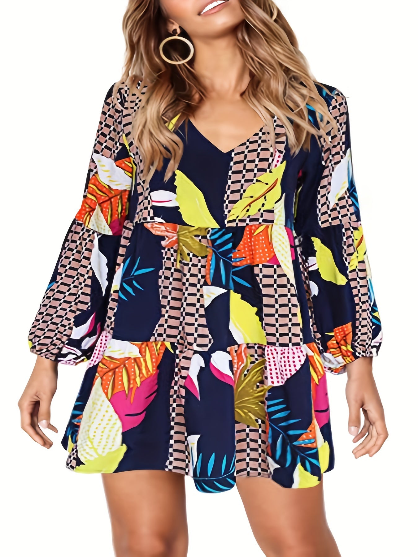  Colorblock Gingham & Tropical Print V Neck Mini Dress