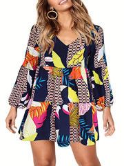  Colorblock Gingham & Tropical Print V Neck Mini Dress