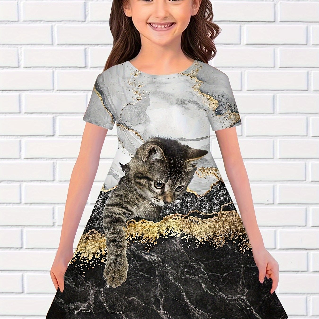 Gorgeous 3D Cat Print Short Sleeve Dress Summer Clothes